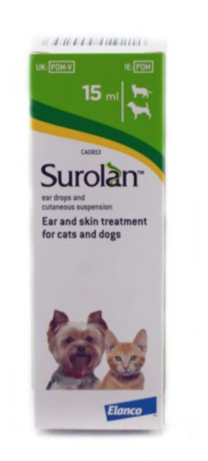 bottle of surolan ear drops for dogs