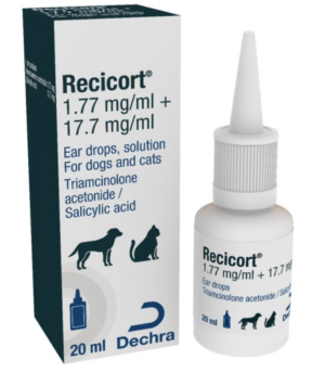 bottle of recicort ear drops for dogs and cats