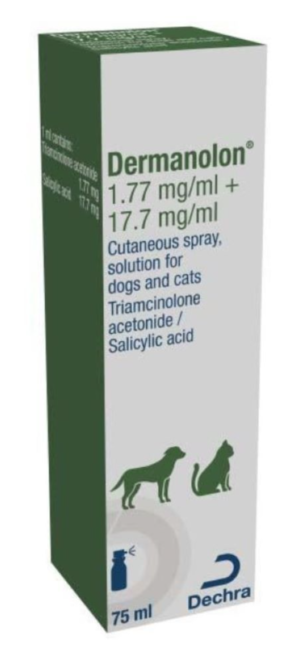 bottle of dermanolon spray for dogs and cats dermatitis