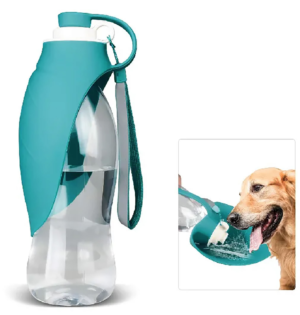 dog drinking from henry wag water bottle with leaf bowl