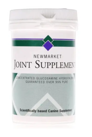 tub of newmarket canine joint supplement containing glucosamine