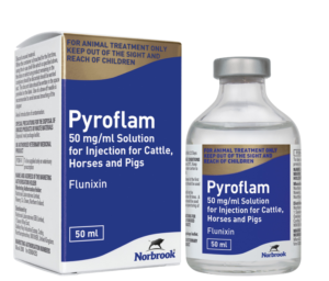 bottle of pyroflam for injection in cattle, horses and pigs
