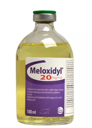 bottle of injectable meloxidyl for cattle, horse and pigs