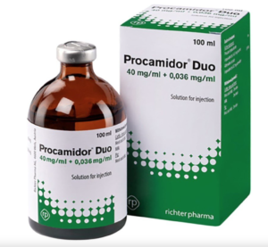 bottle of procamidor injection for cattle, pigs and horses
