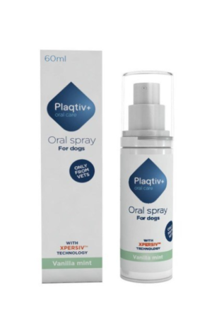 bottle of plaqtiv oral spray for dogs